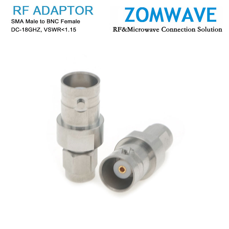 SMA Male to BNC Female Stainless Steel Adapter, 18GHz