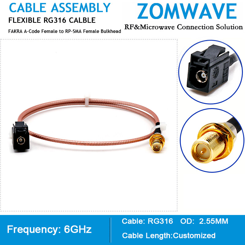 FAKRA A-Code Female to RP-SMA Female Bulkhead, RG316 Cable, 6GHz